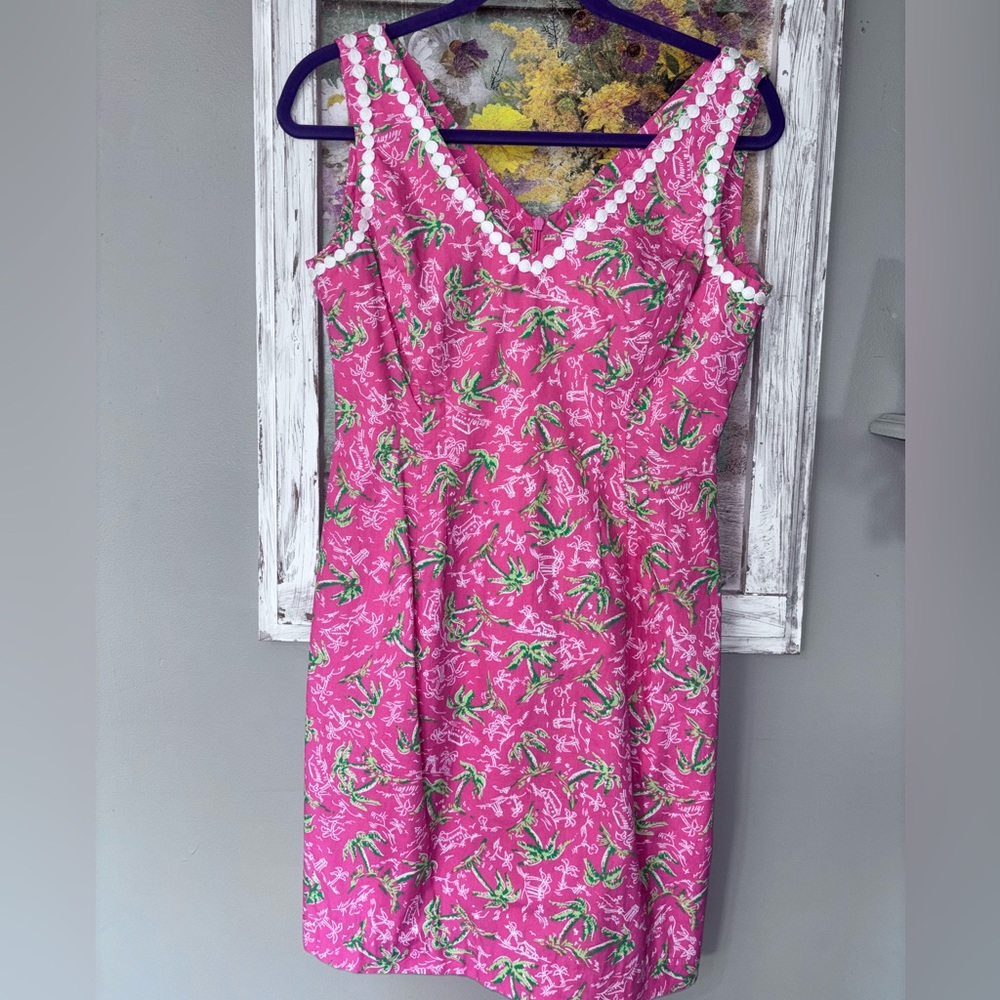 Vintage Lilly Pulitzer White Label Pink Shift Dress Palm Trees Size 4 Perfect